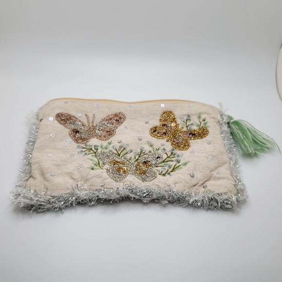 Fringe Beaded Sequins Tassle Cream Makeup Bag or Clutch Metallic Cotton Linen - Picture 2 of 9